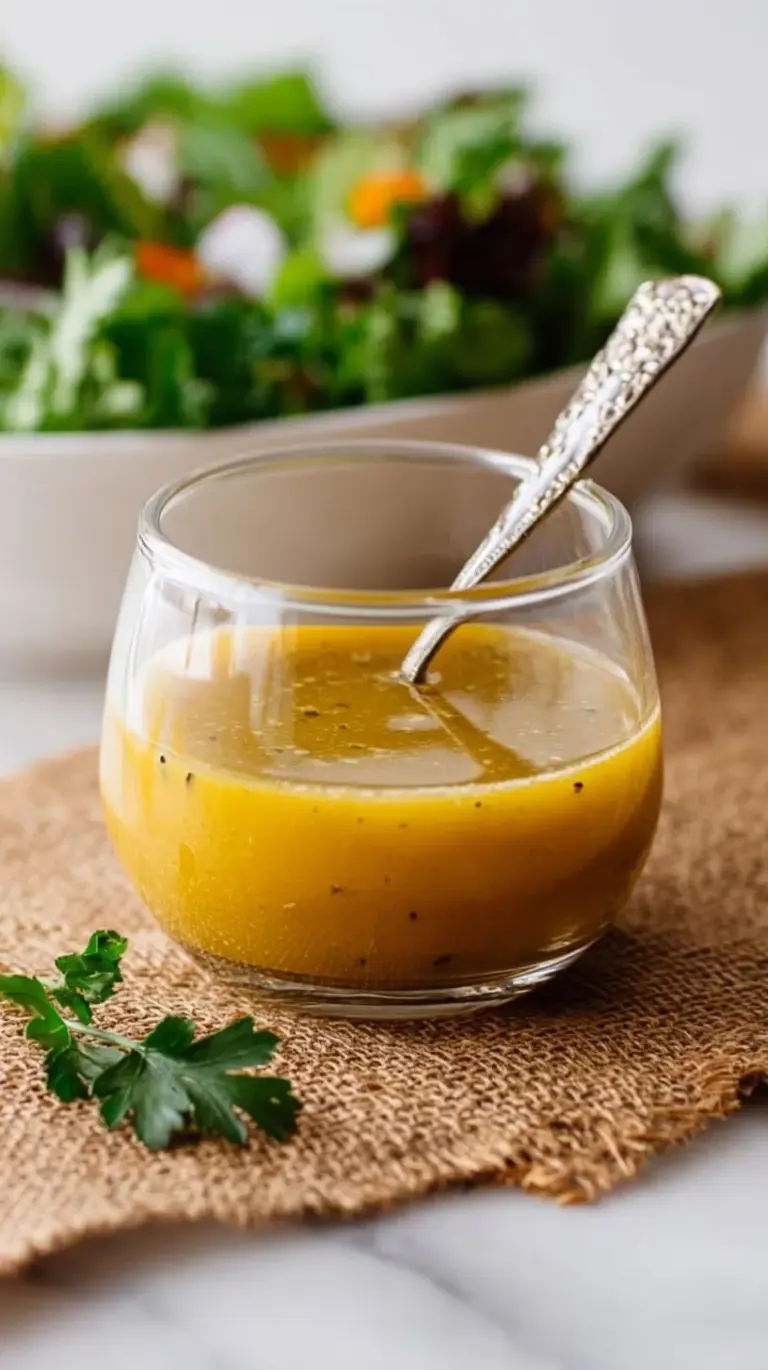 A glass jar filled with golden Apple Cider Vinaigrette, with fresh salad greens and a whisk in the background.