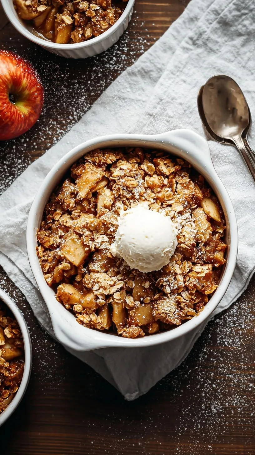 Golden apple crisp in baking dish with crispy oat topping and cinnamon apples