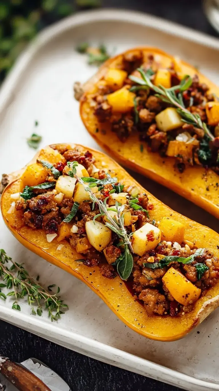 Two halves of golden brown Apple Sausage Stuffed Butternut Squash, garnished with fresh herbs, on a rustic wooden board.