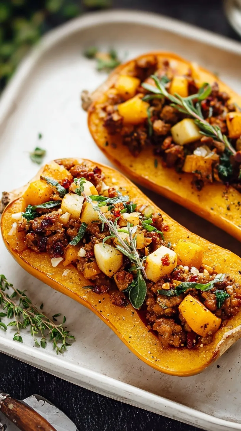 Two halves of golden brown Apple Sausage Stuffed Butternut Squash, garnished with fresh herbs, on a rustic wooden board.