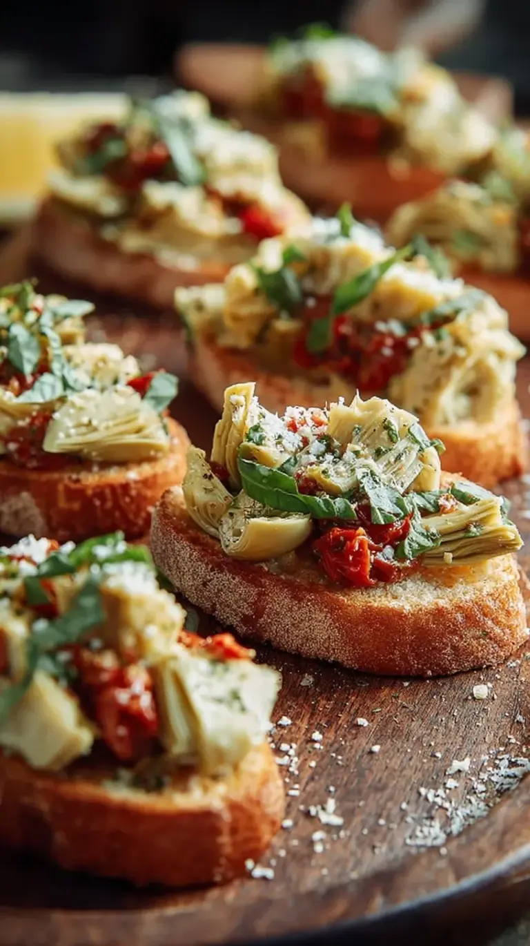 Golden toasted baguette slices topped with a creamy, bubbling artichoke and Parmesan mixture on a wooden serving board.