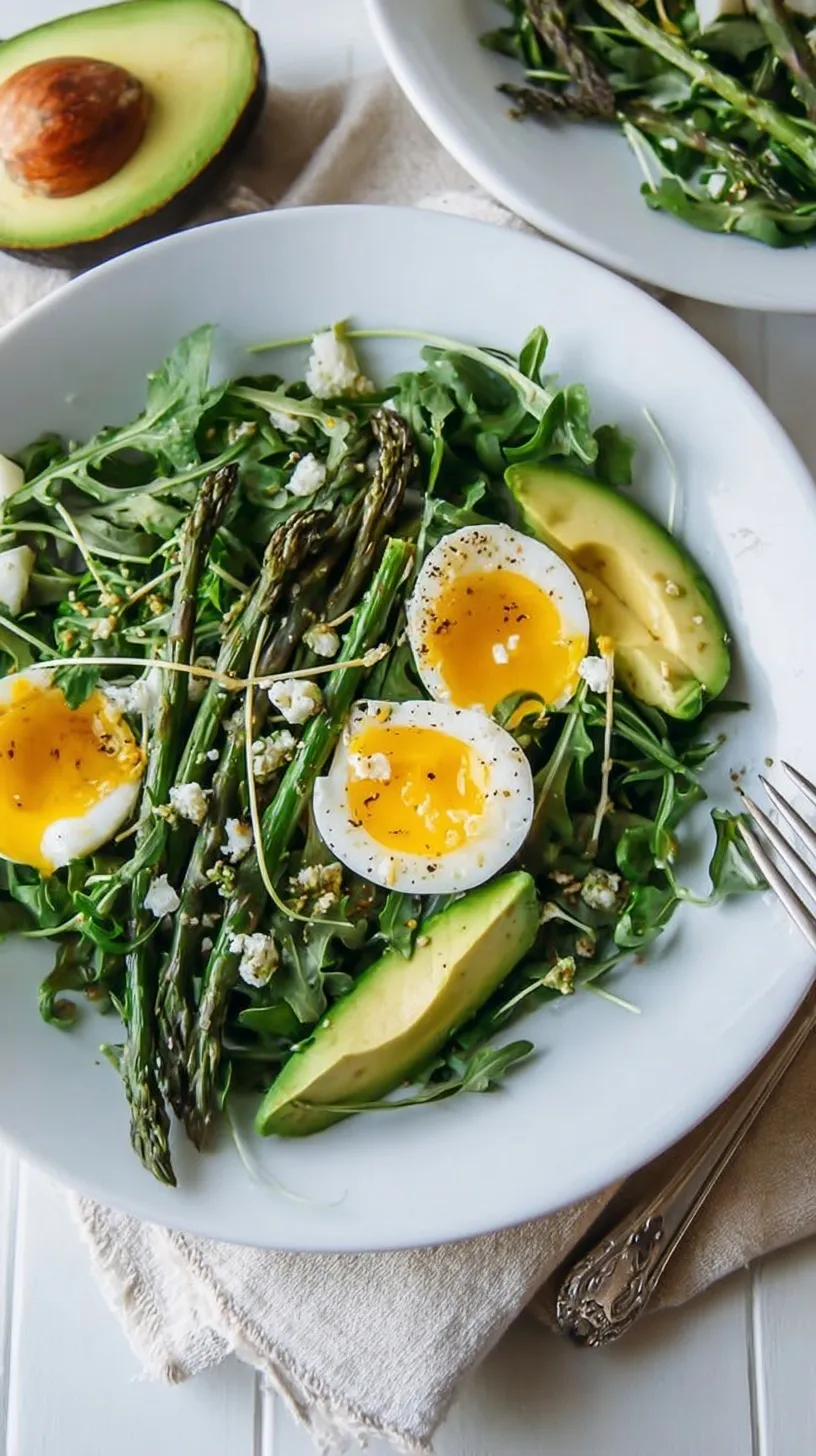 A vibrant green breakfast salad with asparagus spears, sliced avocado, and a poached egg on a white plate.