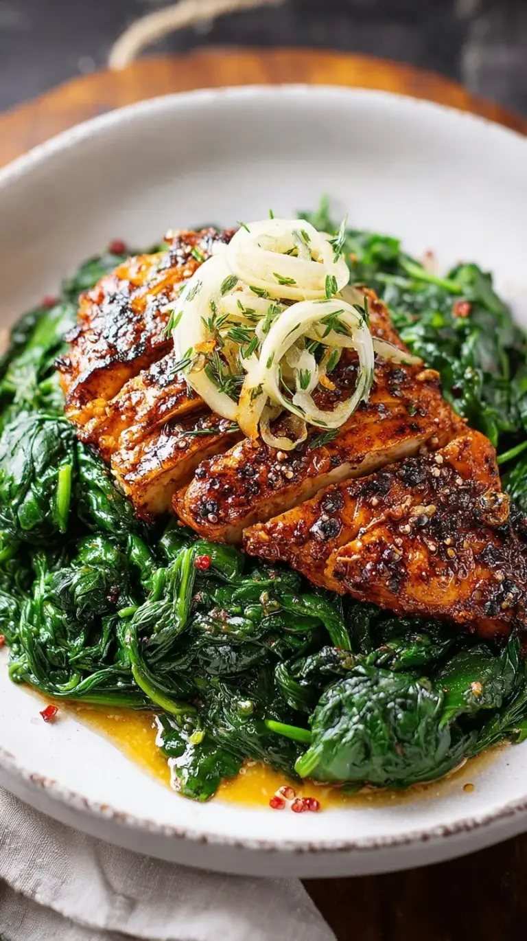 Grilled asado chicken breasts served over a bed of sautéed garlic spinach on a white plate.