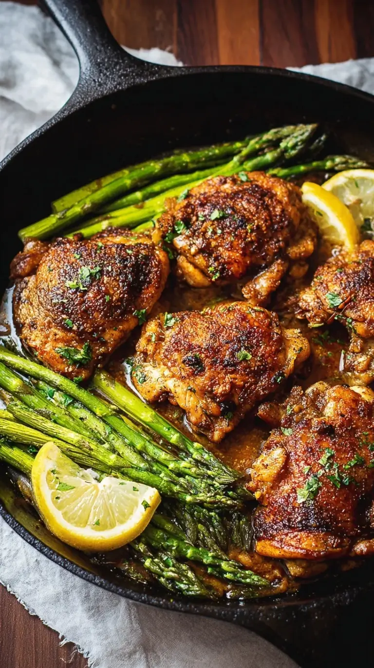 Golden brown crispy chicken thighs served next to bright green sautéed asparagus with lemon zest.