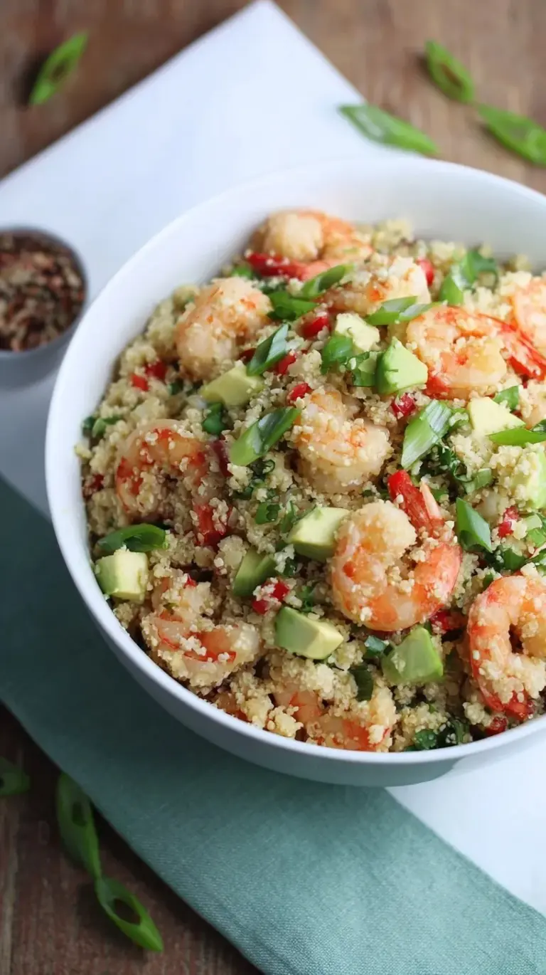 A colorful bowl of Asian Cauliflower Rice topped with seared ginger shrimp and green onions.