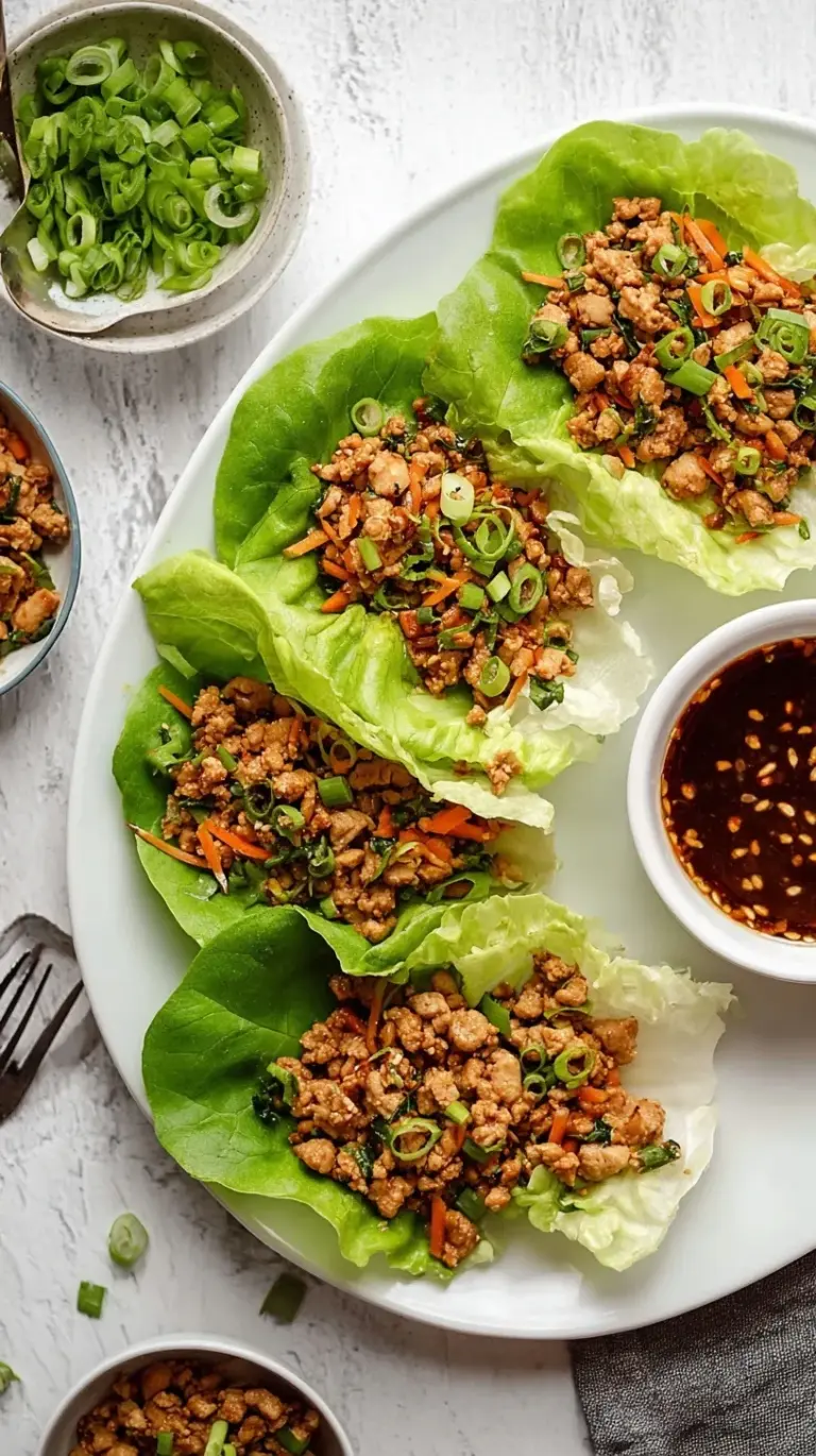 A vibrant plate of Asian Chicken Lettuce Wraps with fresh green lettuce cups filled with savory ground chicken mixture.