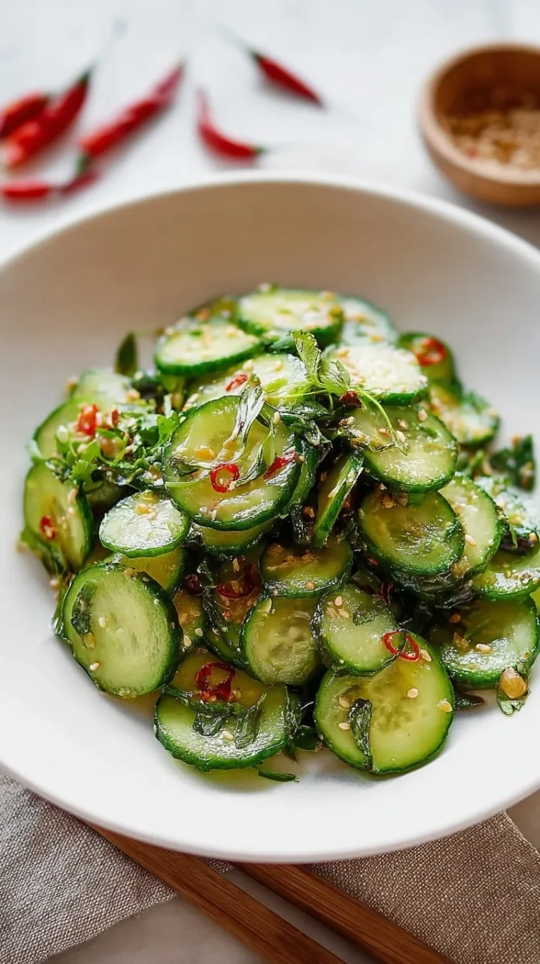 Asian cucumber salad in a white bowl with sesame seeds and chili flakes on top