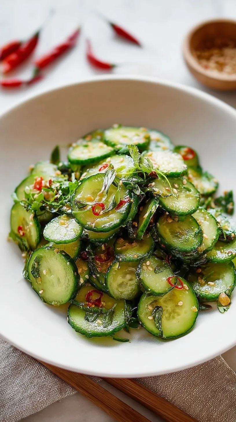 Asian cucumber salad in a white bowl with sesame seeds and chili flakes on top