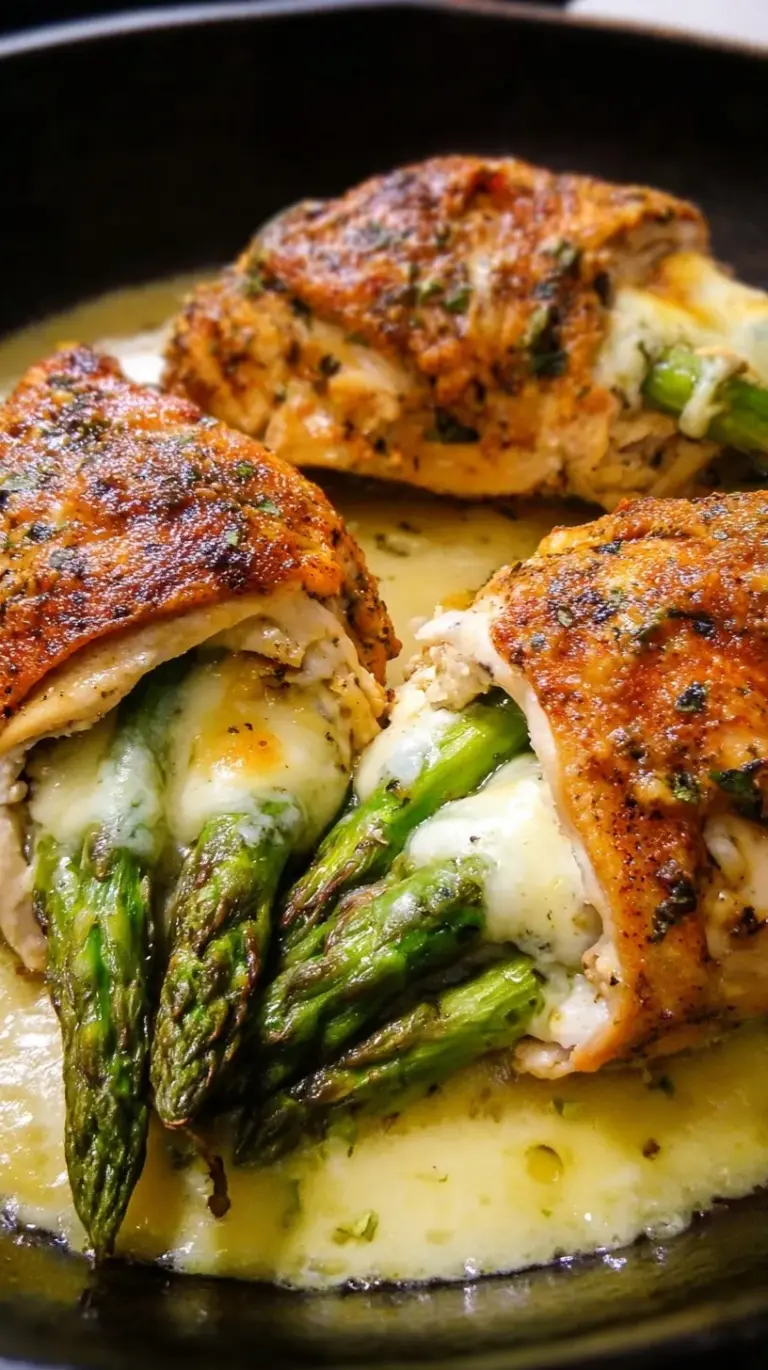 Pan-seared stuffed chicken breast filled with green asparagus and melted white cheese in a skillet.