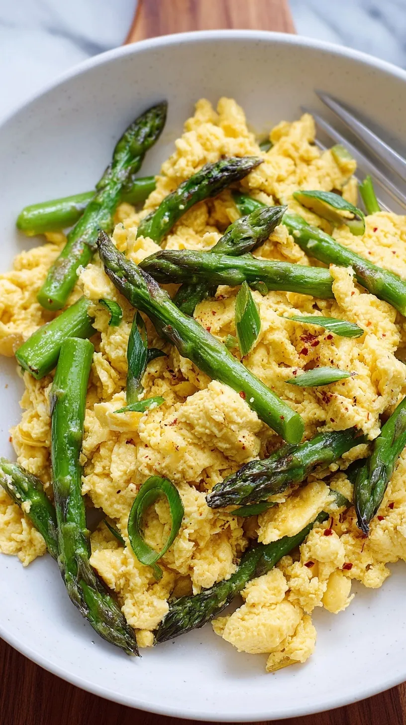 A close up of soft-scrambled eggs with bright green asparagus pieces and fresh chives on a white plate.