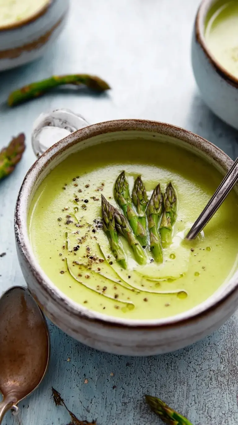 A vibrant green bowl of creamy asparagus soup garnished with fresh chives and a swirl of cream, ready to be enjoyed.