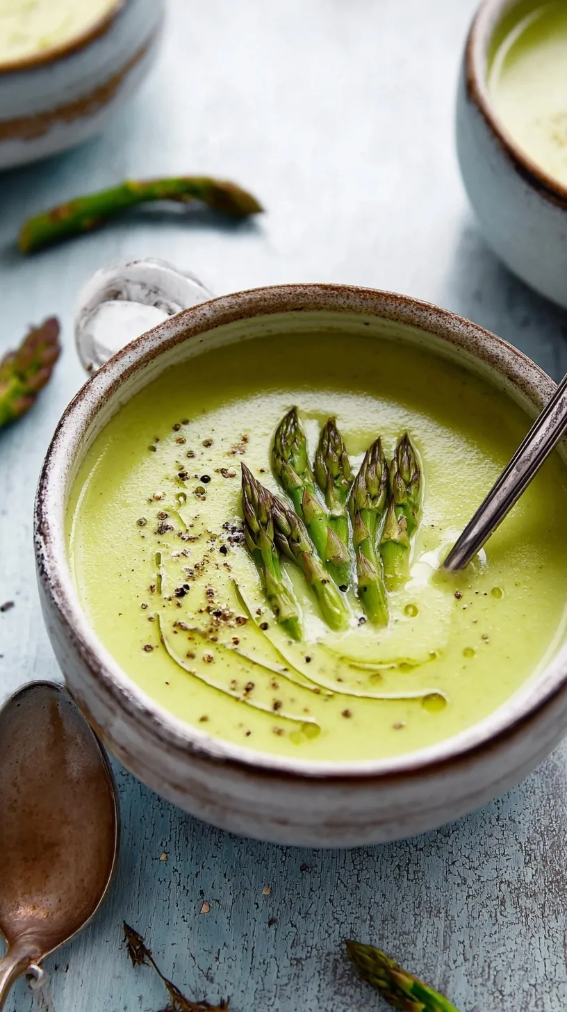 A vibrant green bowl of creamy asparagus soup garnished with fresh chives and a swirl of cream, ready to be enjoyed.