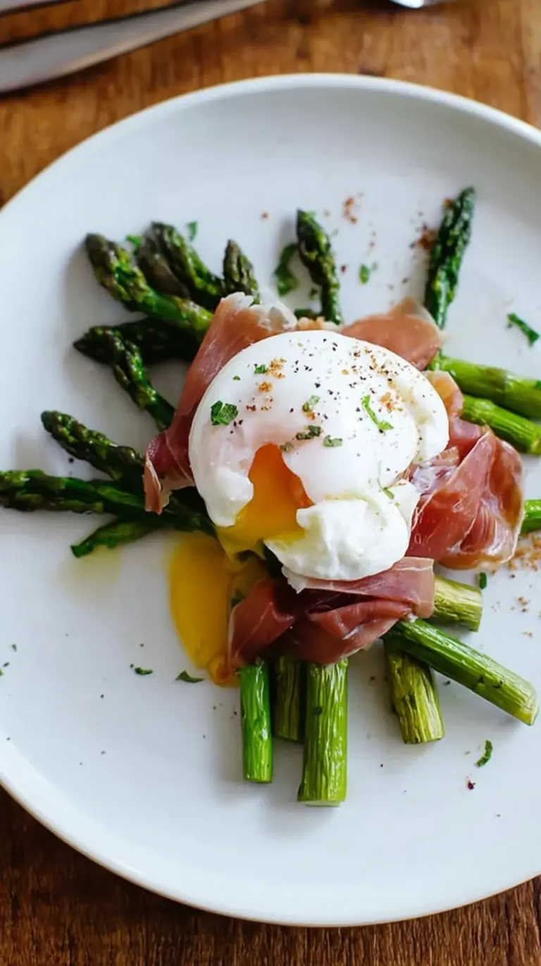 Roasted asparagus spears topped with a soft poached egg, ribbons of prosciutto, and shaved Parmesan cheese.