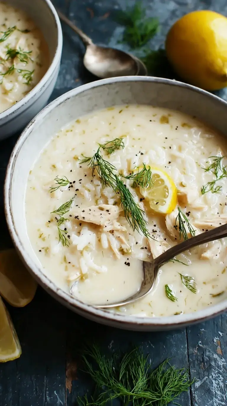A steaming bowl of golden Avgolemono Soup with tender chicken, rice, and fresh dill, garnished with lemon slices.