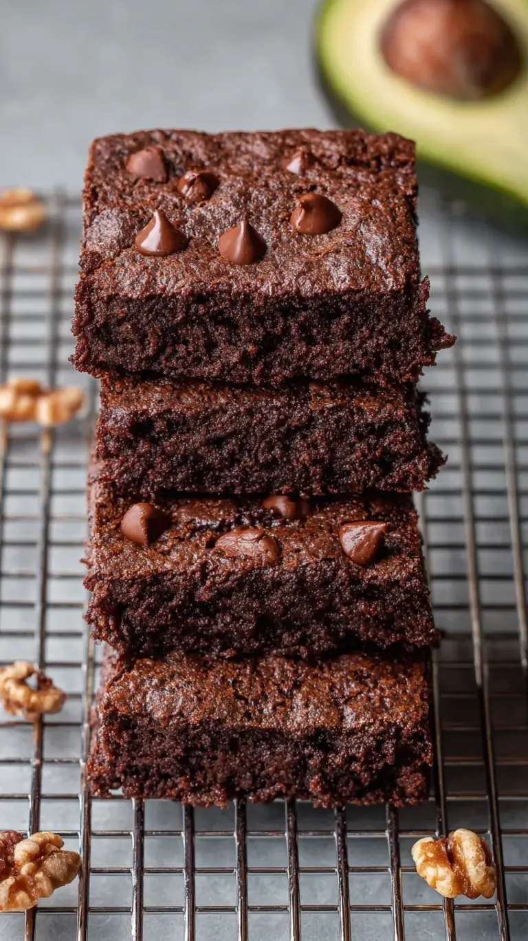 A stack of rich fudgy avocado brownies on a wooden cooling rack with chocolate chips