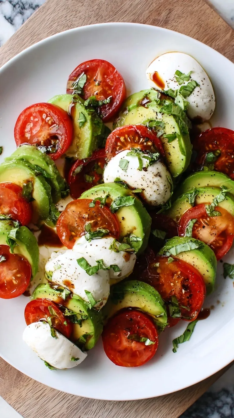 A beautiful platter of sliced tomatoes, creamy avocado, and fresh mozzarella drizzled with balsamic glaze