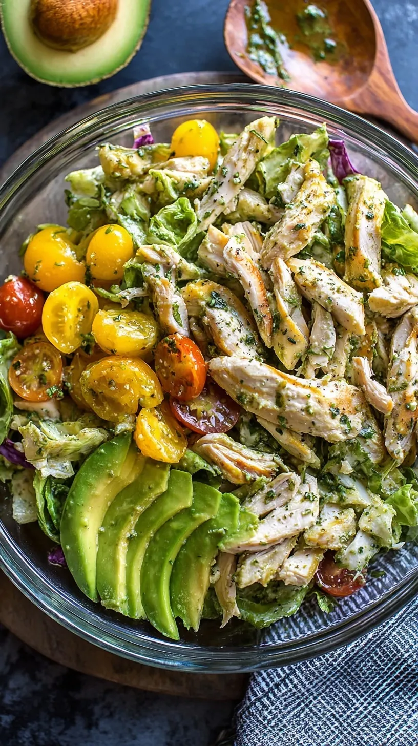 A bowl of creamy avocado chicken salad with fresh cilantro and red onions