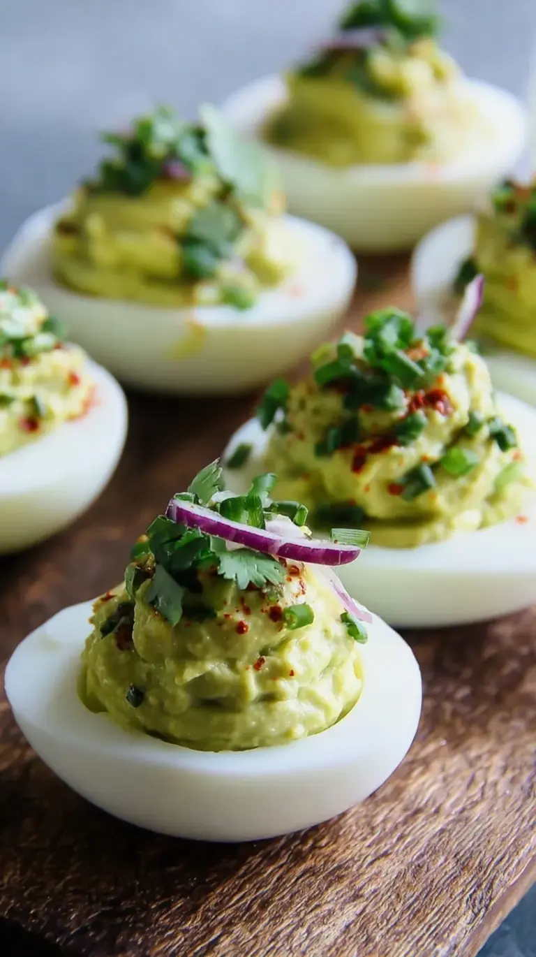 A platter of green-filled avocado deviled eggs garnished with smoked paprika and fresh cilantro.