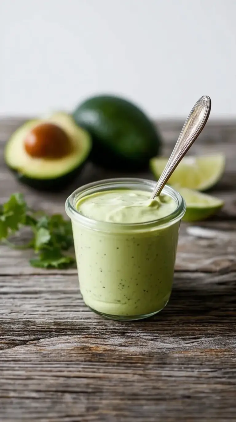 A glass jar filled with vibrant green creamy avocado dressing next to fresh cilantro and lime