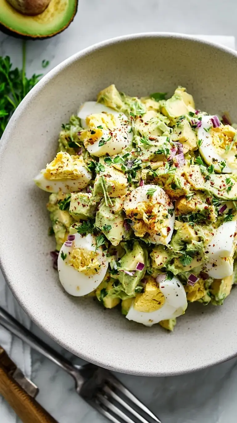 A vibrant bowl of creamy avocado egg salad garnished with fresh dill and a sprinkle of paprika, ready to be served.