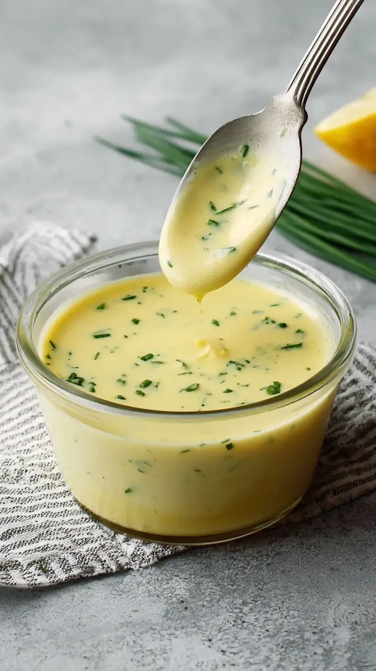 A golden, creamy Béarnaise Sauce in a small white bowl, garnished with fresh tarragon, ready to be served with steak.