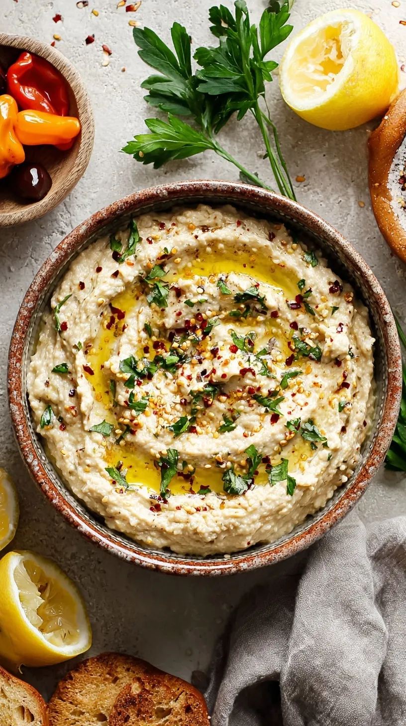 A bowl of creamy baba ganoush garnished with olive oil, parsley, and smoked paprika.