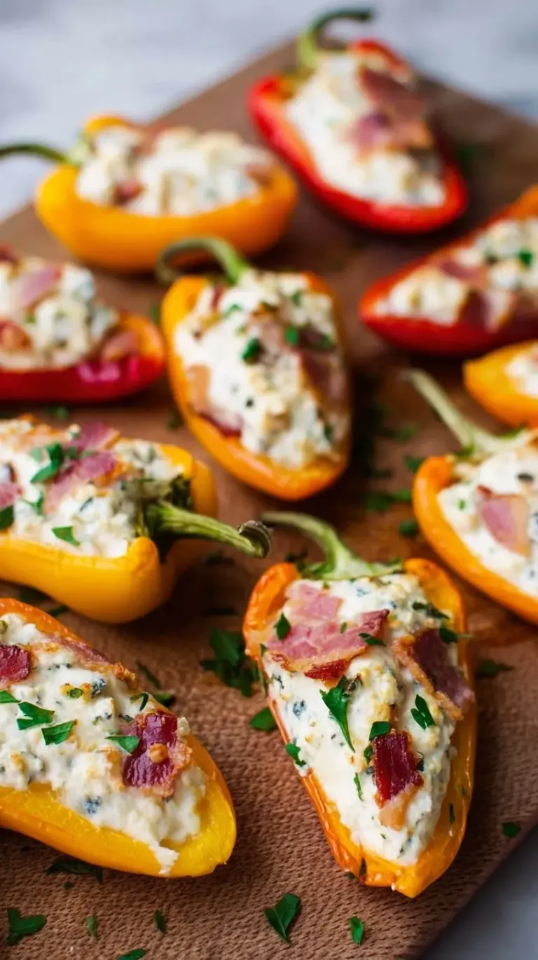 Close-up of golden-brown Bacon and Goat Cheese Stuffed Mini Peppers on a baking sheet, garnished with fresh chives.
