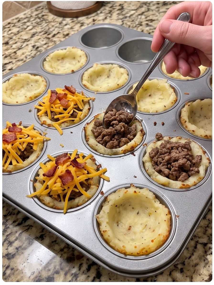 Potato cups baking in a muffin tin with Parmesan melting over the tops