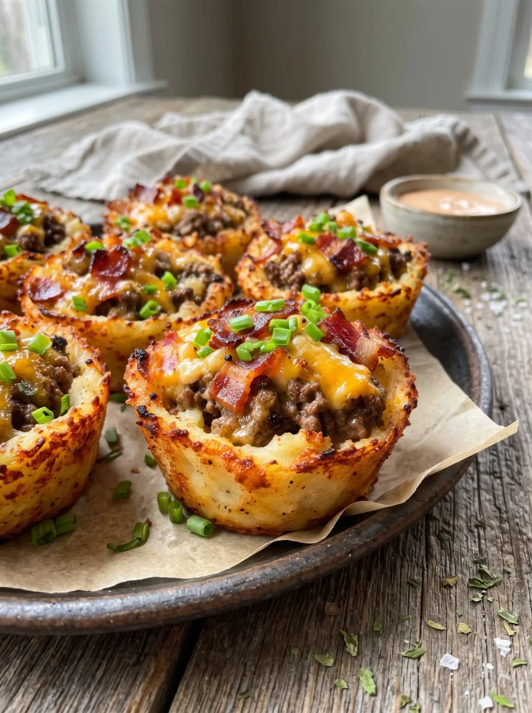 Mashed potato cups topped with beef, bacon, melted cheese, and parsley