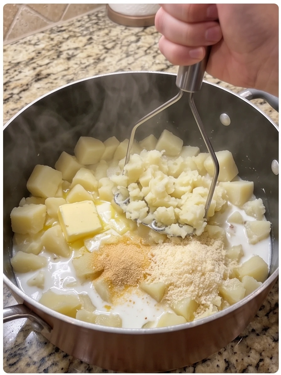 Measured potatoes, butter, milk, beef, bacon, cheeses, seasonings, Worcestershire sauce, and parsley