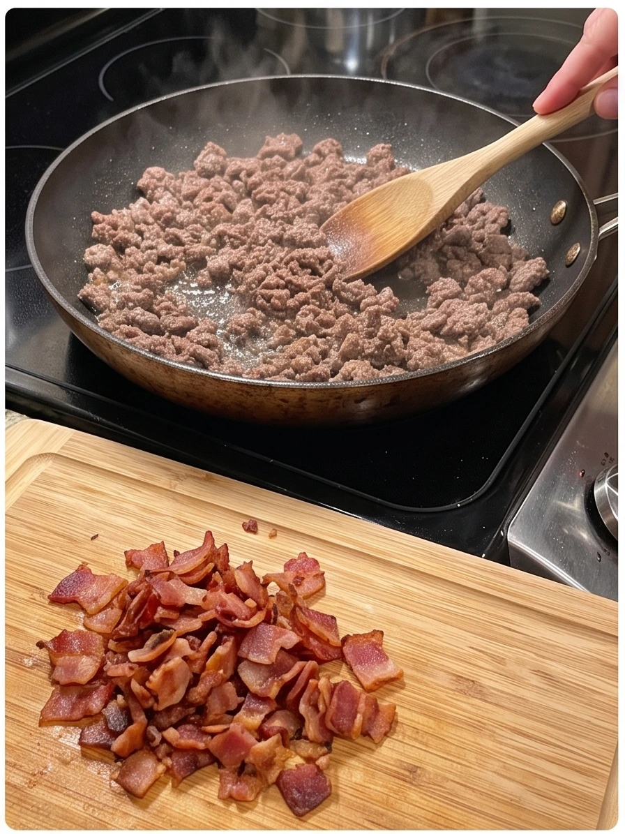 Cooked ground beef being spooned over mashed potato bases in a muffin tin