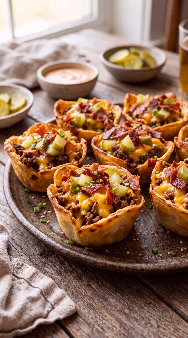 Crisp tortilla cups filled with beef, cheddar, bacon, pickles, and shredded lettuce