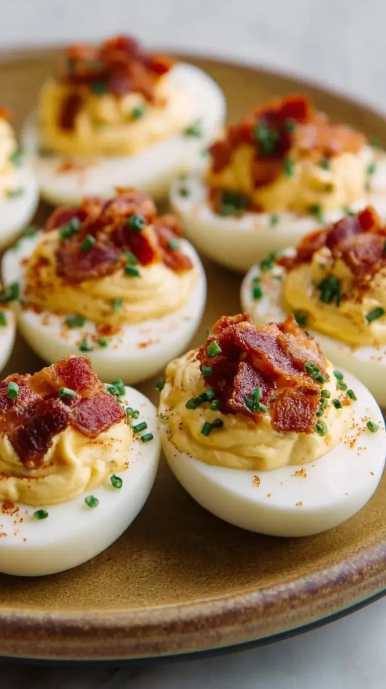 A white platter filled with creamy deviled eggs topped with crispy bacon bits, fresh chives, and a sprinkle of paprika.
