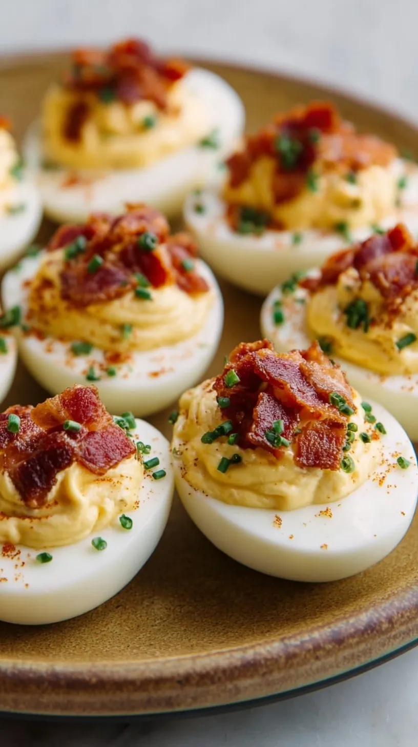 A white platter filled with creamy deviled eggs topped with crispy bacon bits, fresh chives, and a sprinkle of paprika.