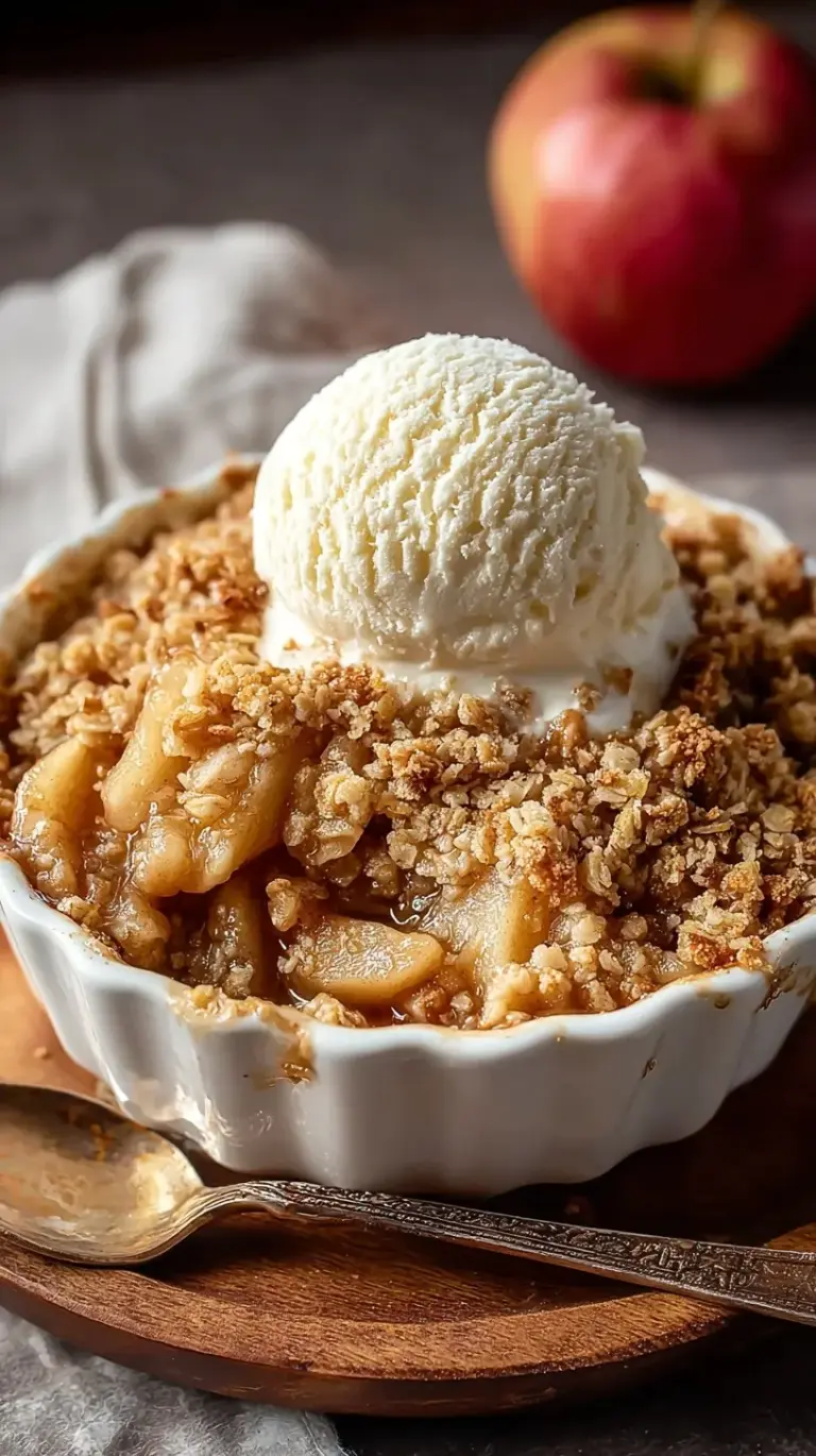 A golden brown baked apple crumble in a ceramic dish with a scoop of melting vanilla ice cream.