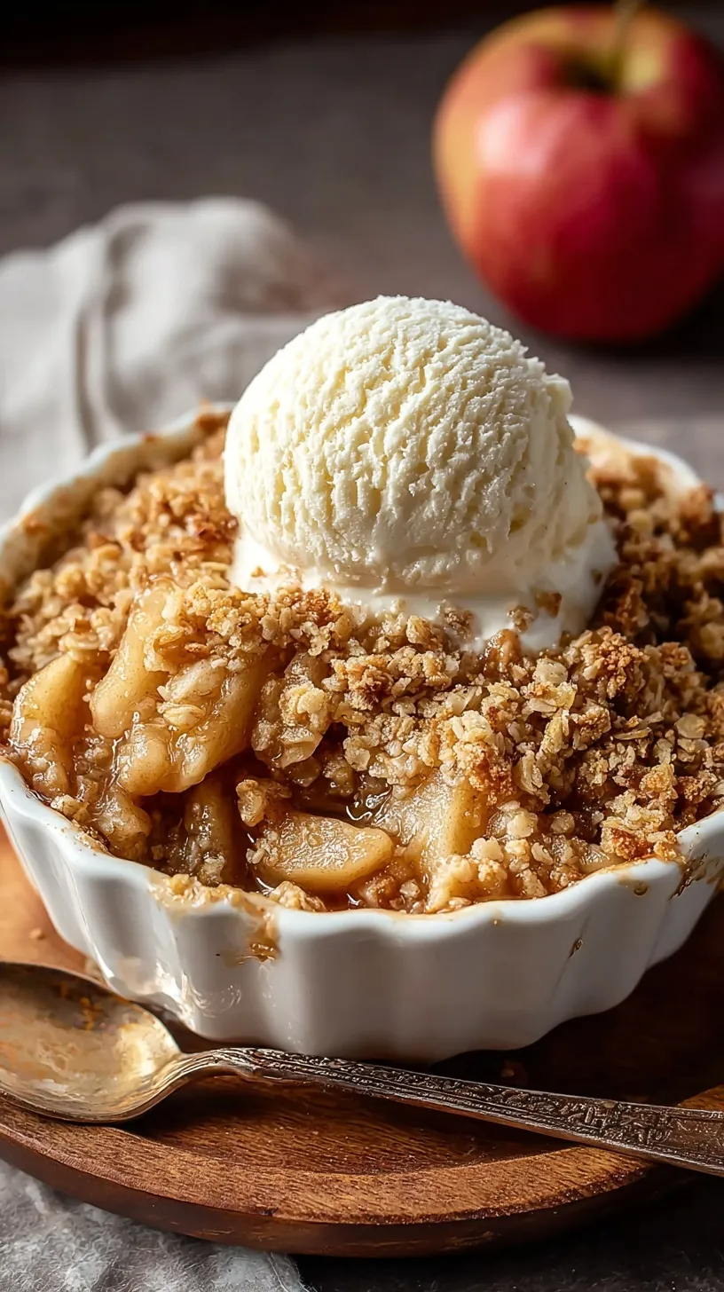 A golden brown baked apple crumble in a ceramic dish with a scoop of melting vanilla ice cream.