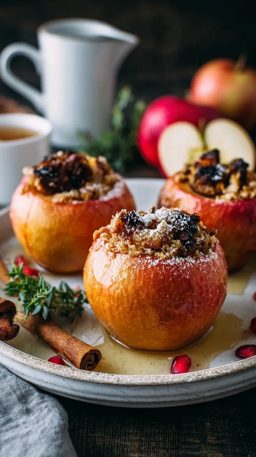 Four golden baked apples stuffed with cinnamon oat filling in a white baking dish.