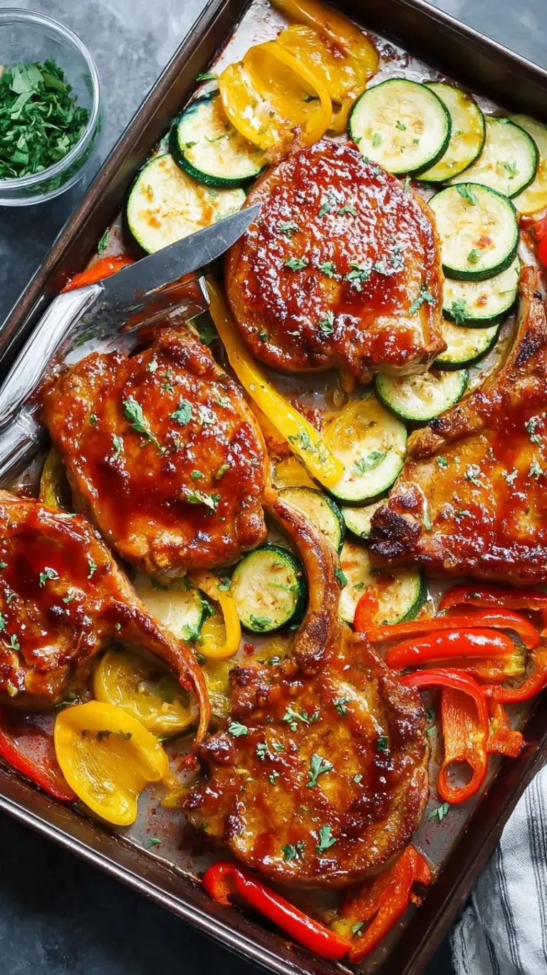 Juicy baked BBQ pork chops on a sheet pan with roasted zucchini and bell peppers.