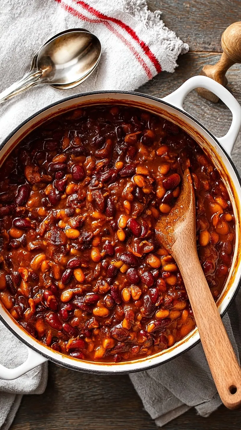 A bubbling pot of golden-brown homemade baked beans with crispy bacon bits, ready to be served as a comforting side dish.
