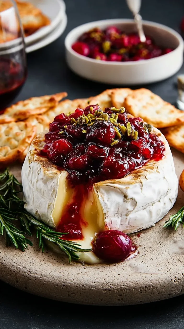 Golden baked brie with cranberry sauce on top, garnished with fresh rosemary and surrounded by crackers