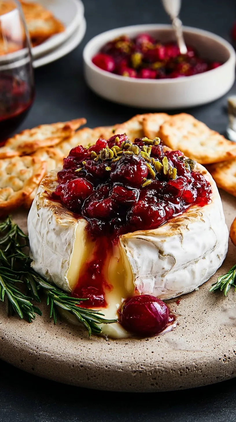 Golden baked brie with cranberry sauce on top, garnished with fresh rosemary and surrounded by crackers