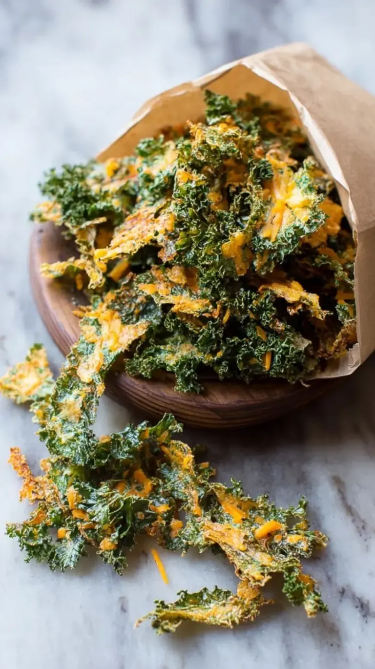 A close-up shot of crispy, golden-brown kale chips coated in cheddar seasoning on a baking sheet.
