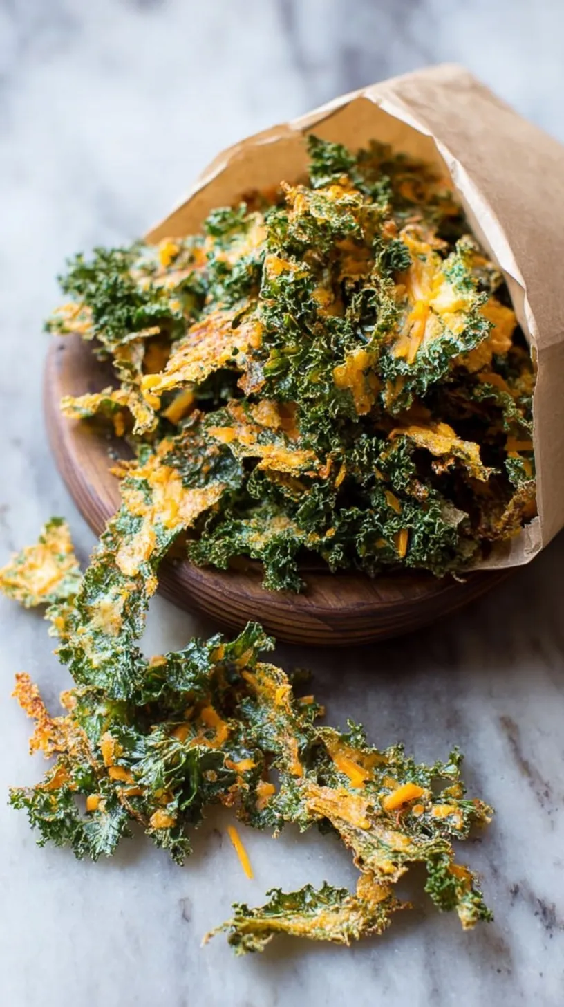 A close-up shot of crispy, golden-brown kale chips coated in cheddar seasoning on a baking sheet.
