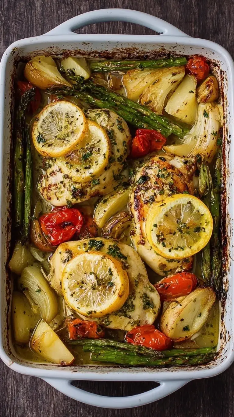 Golden roasted chicken breasts with lemon slices, asparagus, and baby potatoes on a sheet pan.