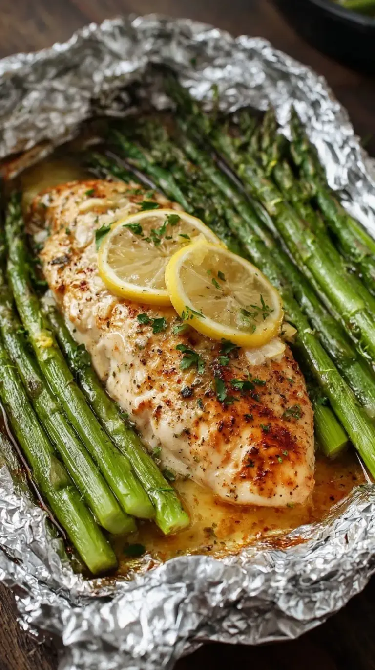 Individual foil packets opened to reveal juicy baked chicken breasts and tender green asparagus drizzled with lemon butter sauce.