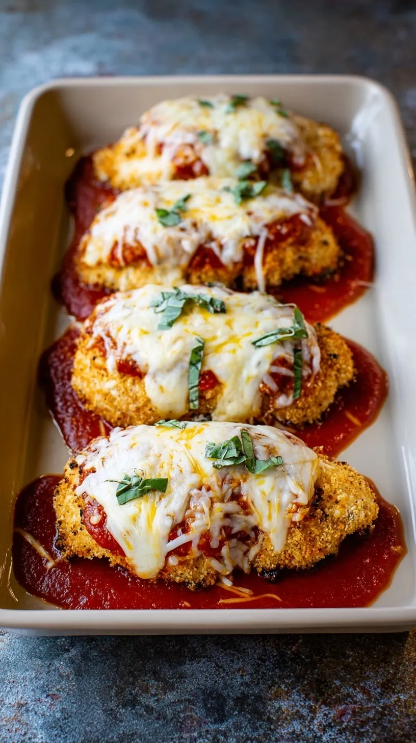 Golden brown baked chicken parmesan topped with melted mozzarella and red sauce on a baking sheet.