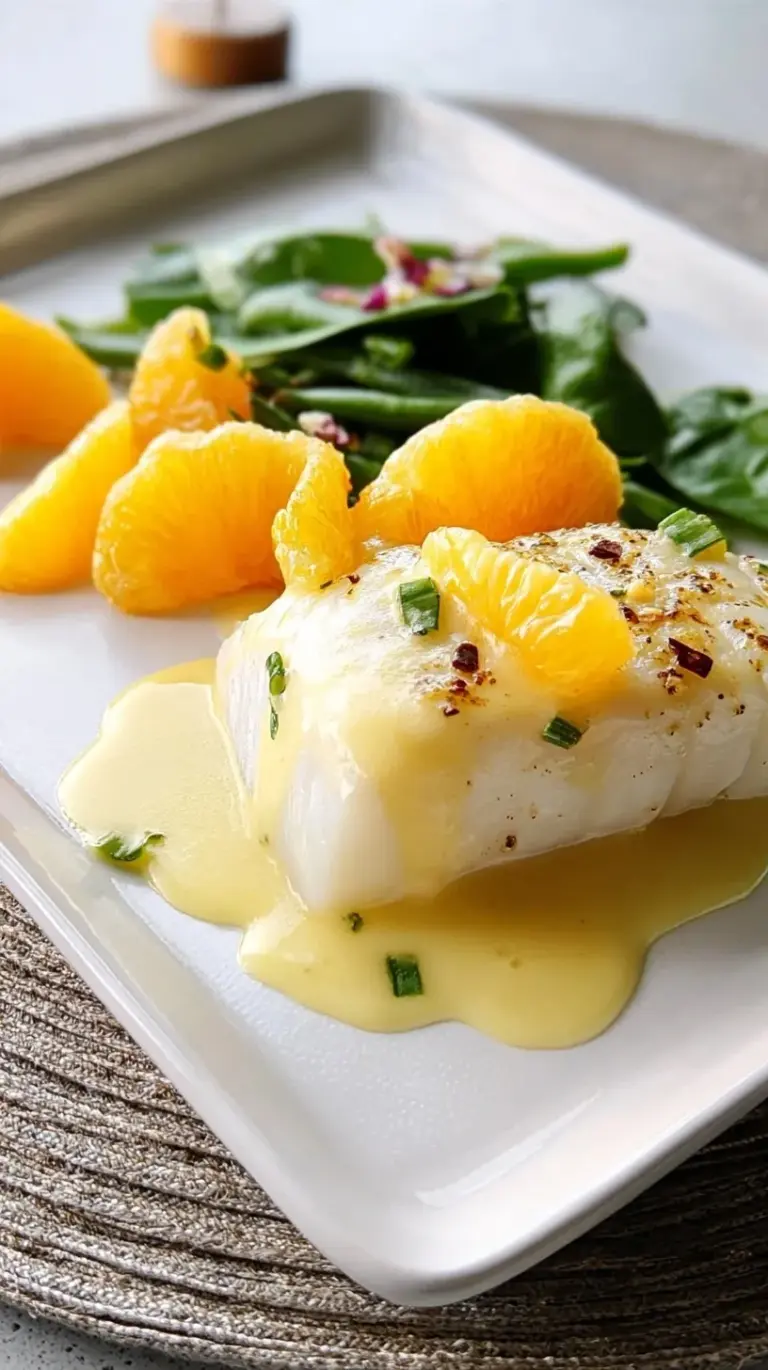 Flaky baked cod fillets drizzled with a vibrant orange beurre blanc sauce, garnished with fresh herbs.