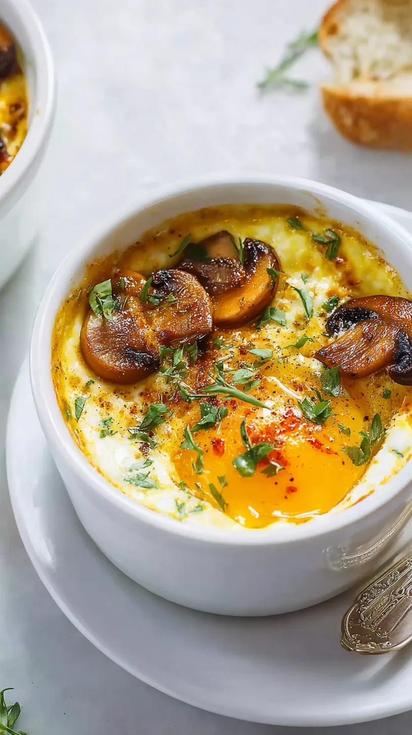 Six golden baked egg cups with sautéed mushrooms and melted Gruyere in a muffin tin