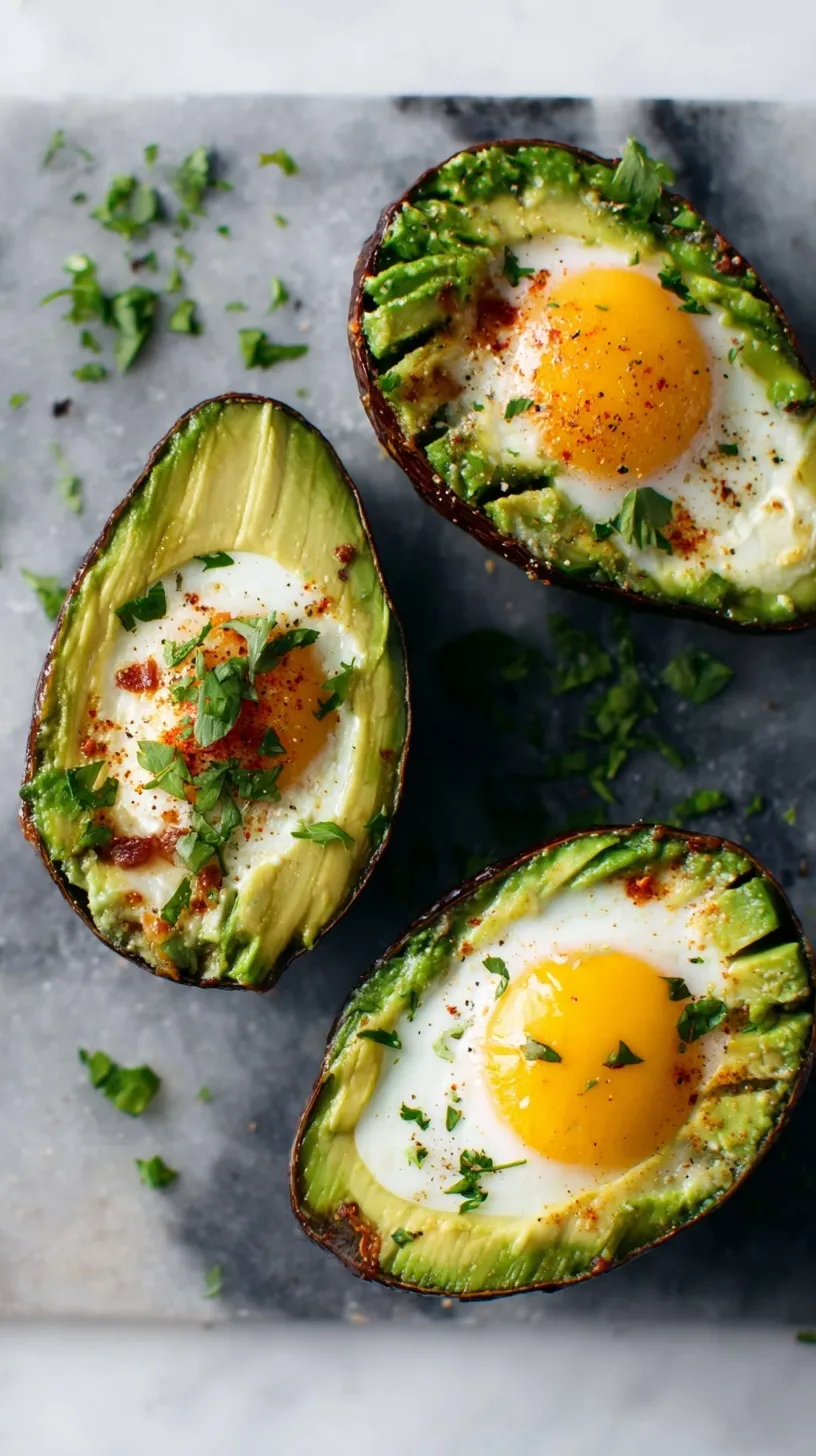 Two avocado halves filled with baked eggs and topped with smoked salmon and chorizo