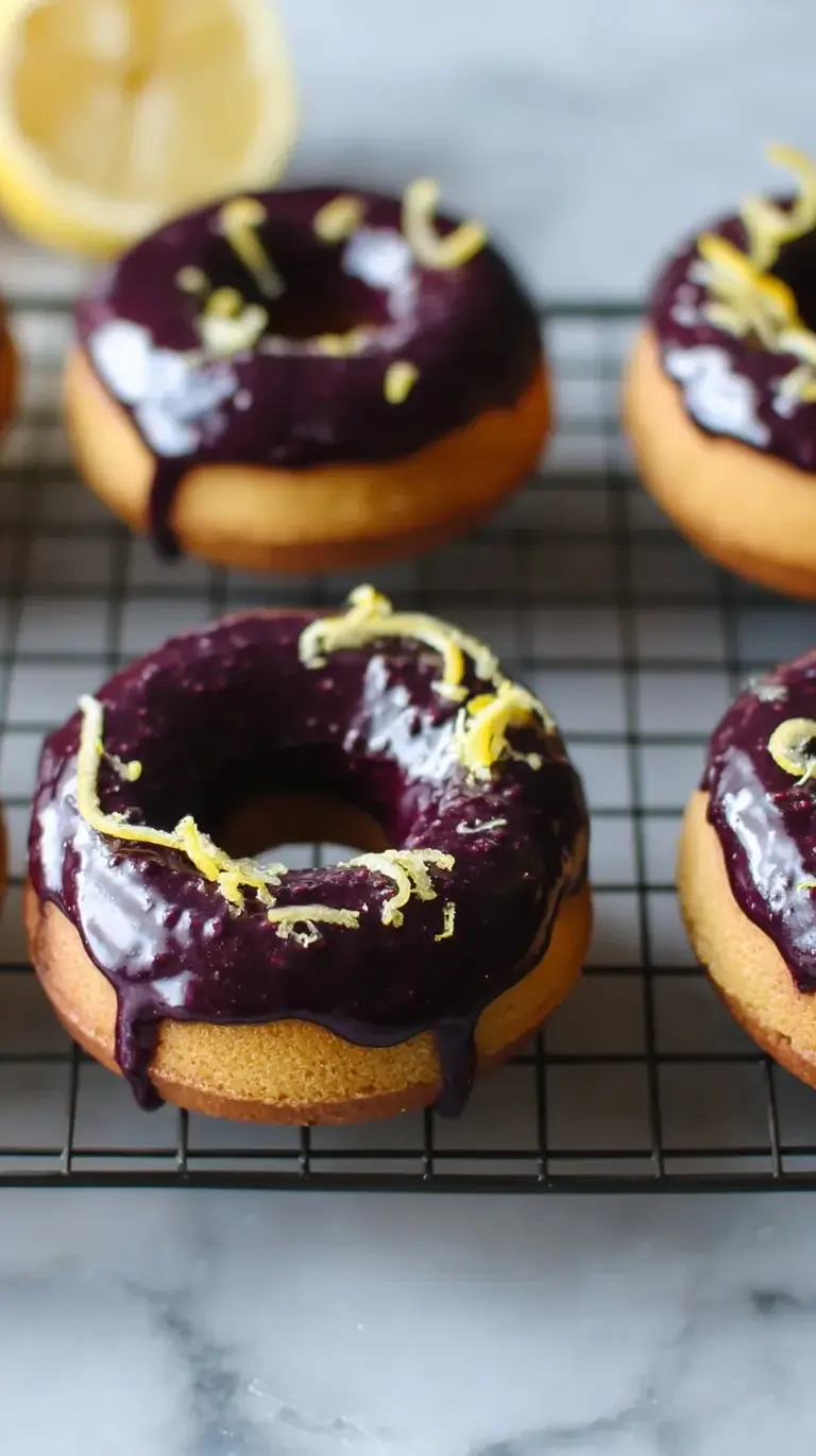 A stack of golden baked lemon donuts covered in a vibrant purple blackberry glaze on a wire rack.